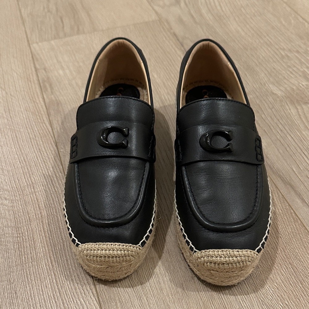Coach Black Leather Espadrille-Style Slip-On Loafers